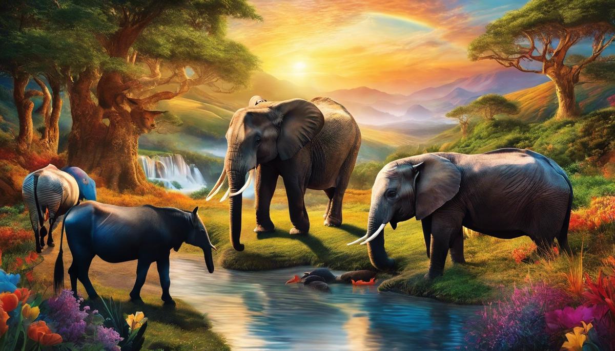 Image depicting multiple animals symbolizing a dream journey through a vivid landscape