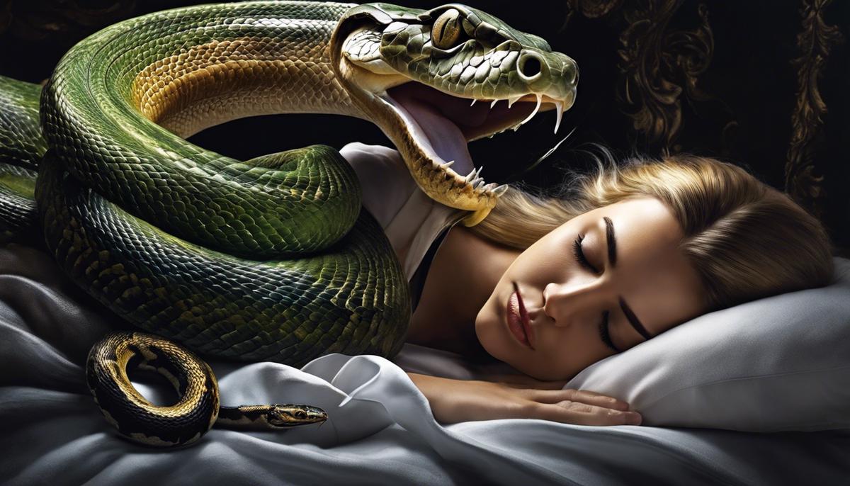 Image description: A person sleeping and a snake entering their mouth in a dream