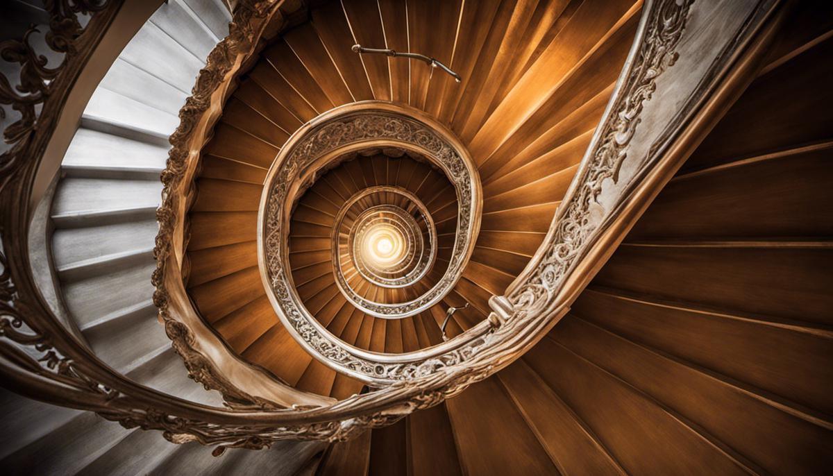 Image of a spiral staircase leading up to a beam of light, representing spiritual growth and enlightenment in dreams.