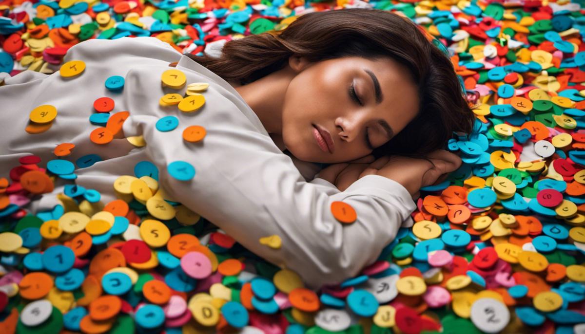 Image depicting a person sleeping and surrounded by floating numbers in various colors.