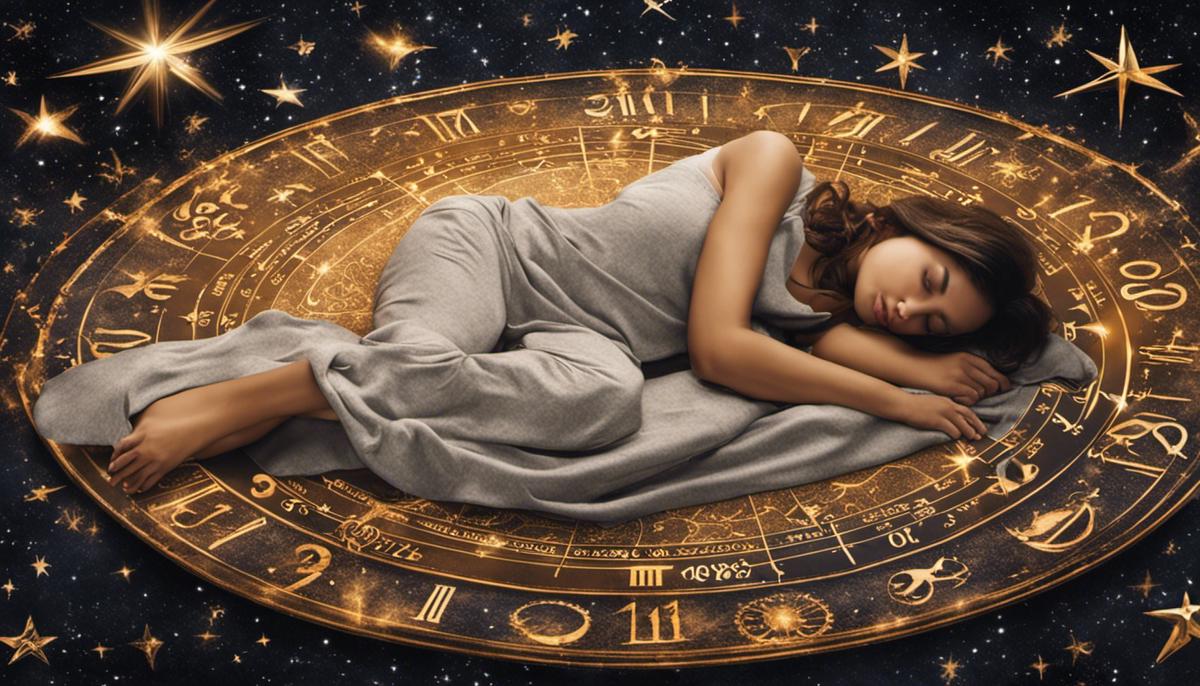 An image of a person sleeping and surrounded by numbers and zodiac signs.