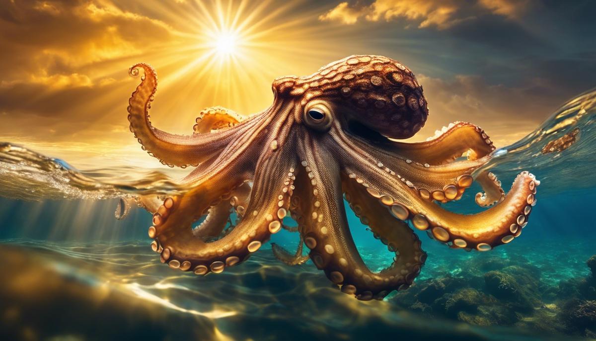 Image of an octopus swimming in a vivid dream-like ocean with beams of golden light shining through the water