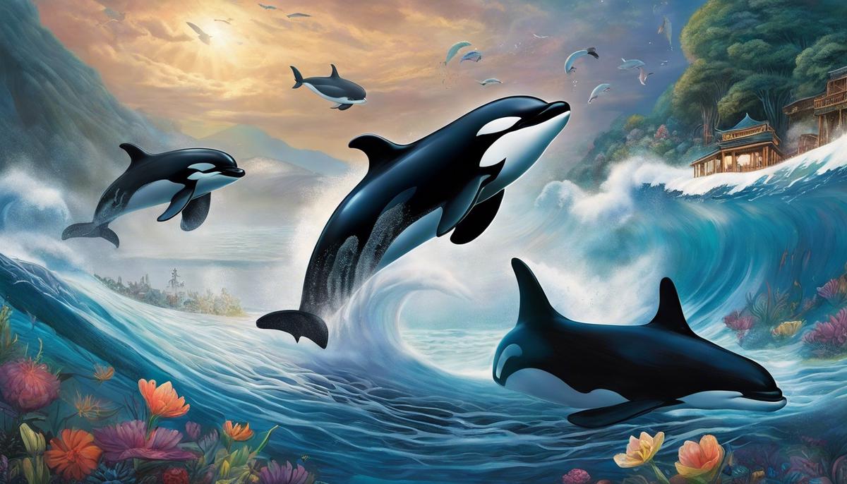 Illustration depicting orcas in different cultural contexts and their representation in dreams.