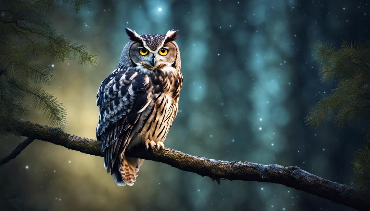 a serene image of an owl perched on a branch in a moonlit forest, capturing the mysterious and introspective nature of owls in dreams