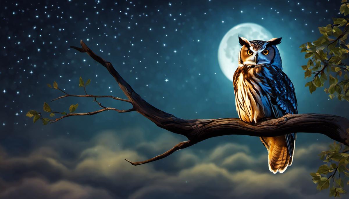 Image describing the concept of owls in dreams, showing an owl perched on a tree branch at night with moonlight illuminating it.