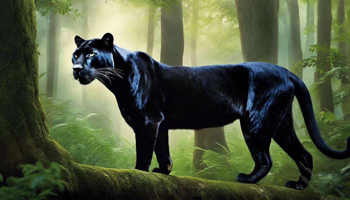 A majestic panther standing in a dense forest, representing the symbolism of panthers in dream interpretation.