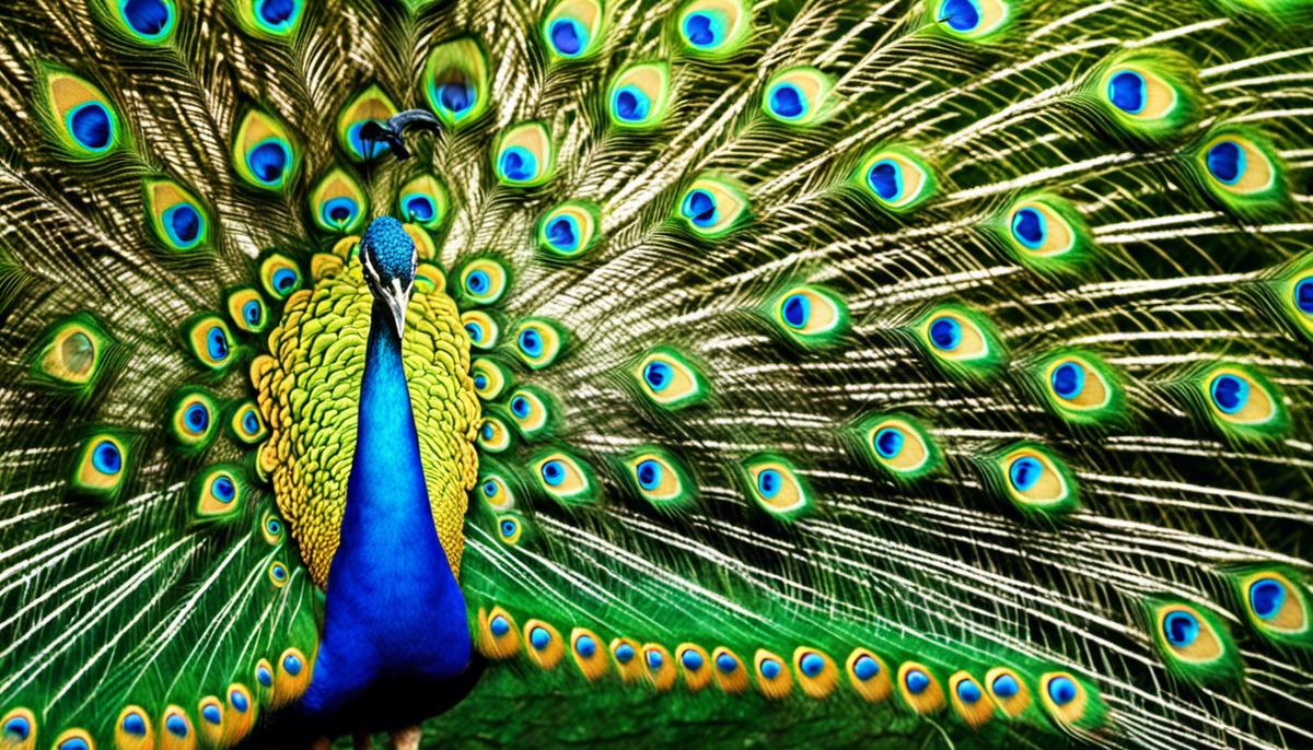 A majestic peacock displaying its vibrant feathers in a dream, representative of spiritual transformation and divine wisdom
