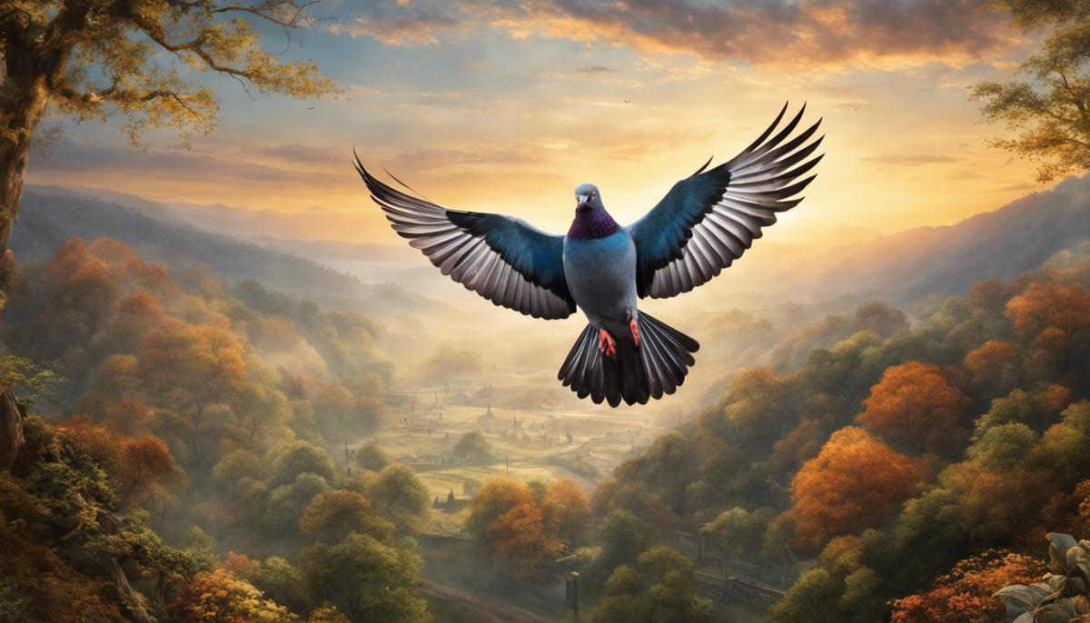 An image depicting a pigeon with outstretched wings, symbolizing peace, love, and spiritual journeying in biblical narratives.