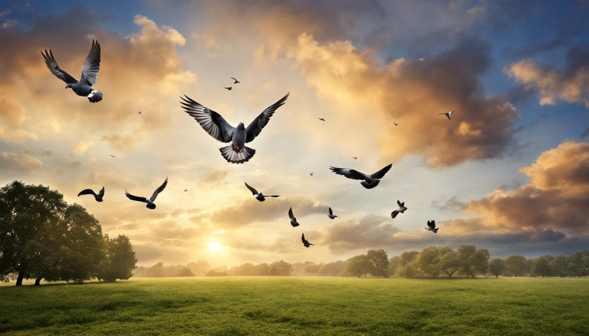 Image description: Several pigeons flying in the sky, representing the spiritual significance of pigeons in dreams.