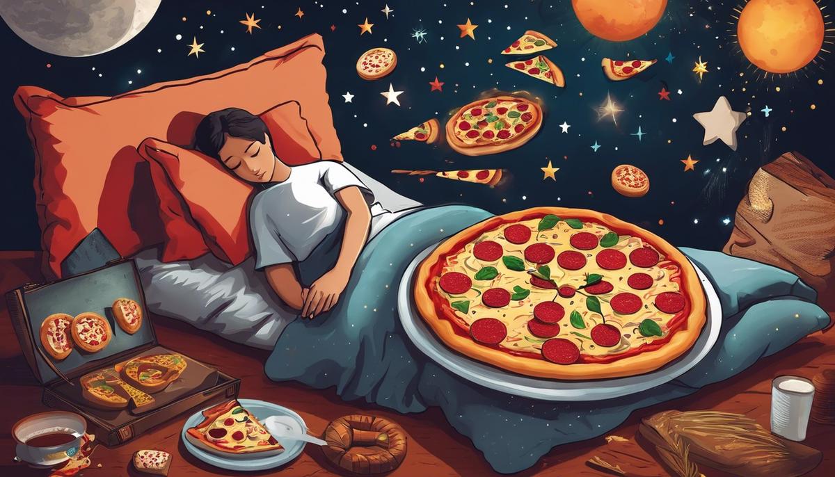 Image description: A person sleeping and dreaming about a pizza with various symbolic representations.