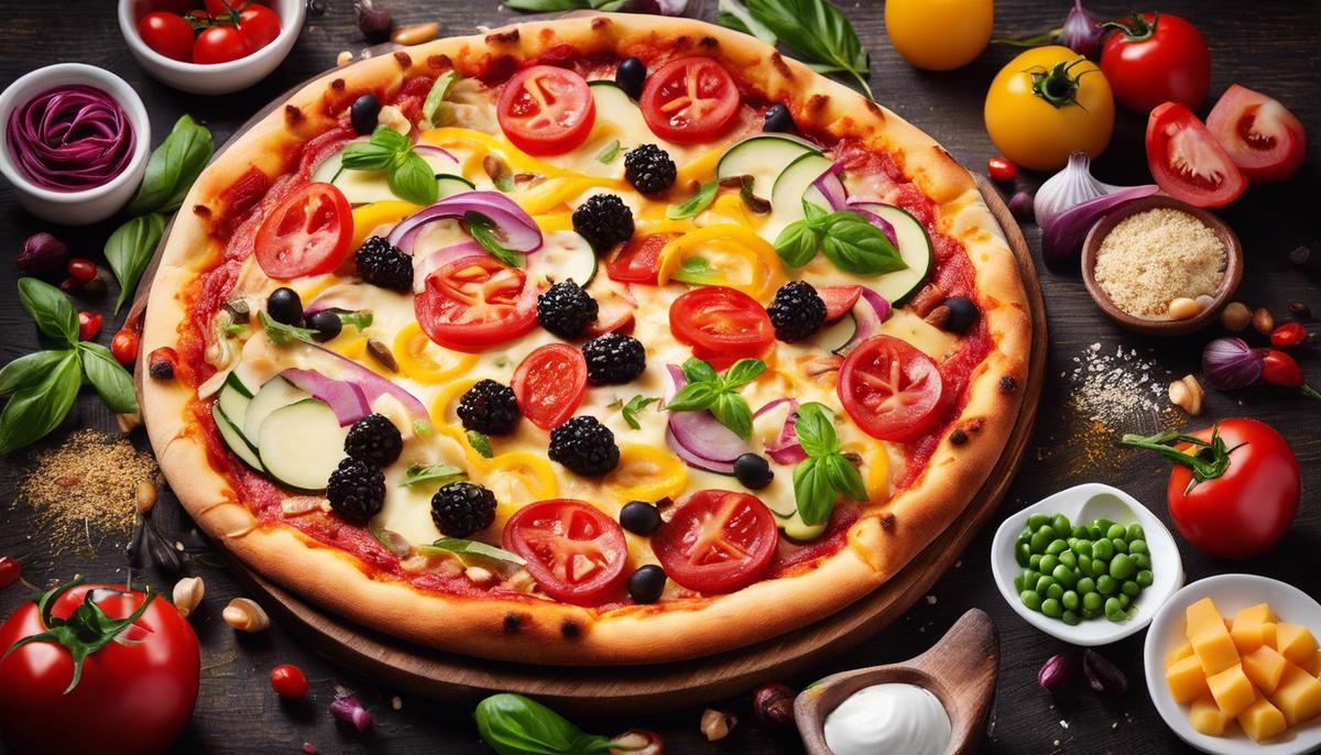 A vividly colorful and delicious-looking pizza, with a variety of toppings, symbolizing the rich and diverse experiences of dream interpretation.