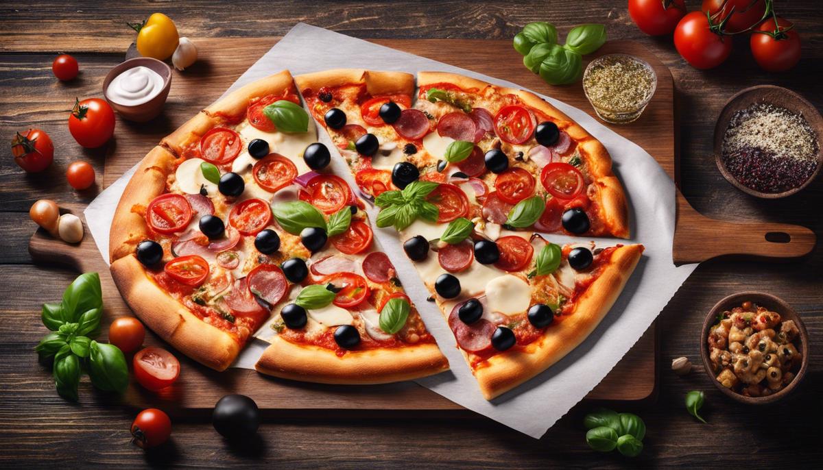 An image of a delicious pizza with various toppings lying on a wooden table.