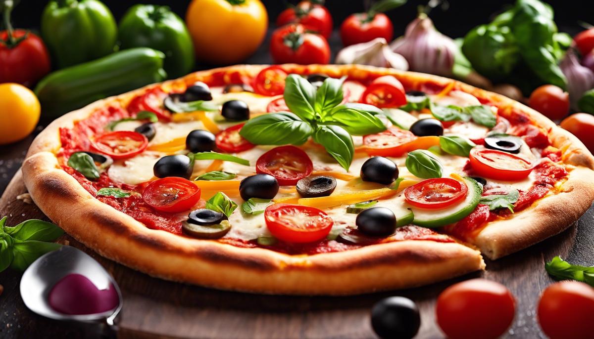A colorful and appetizing image of a pizza with various toppings and a crispy crust, symbolizing the rich and diverse nature of pizza dreams.