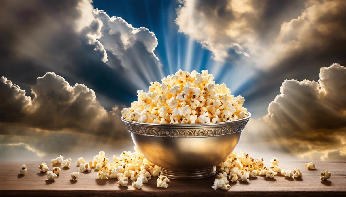 Image description: Popcorn dreams depicted with a bowl of popcorn surrounded by clouds and light rays, symbolizing transformation and divine inspiration.