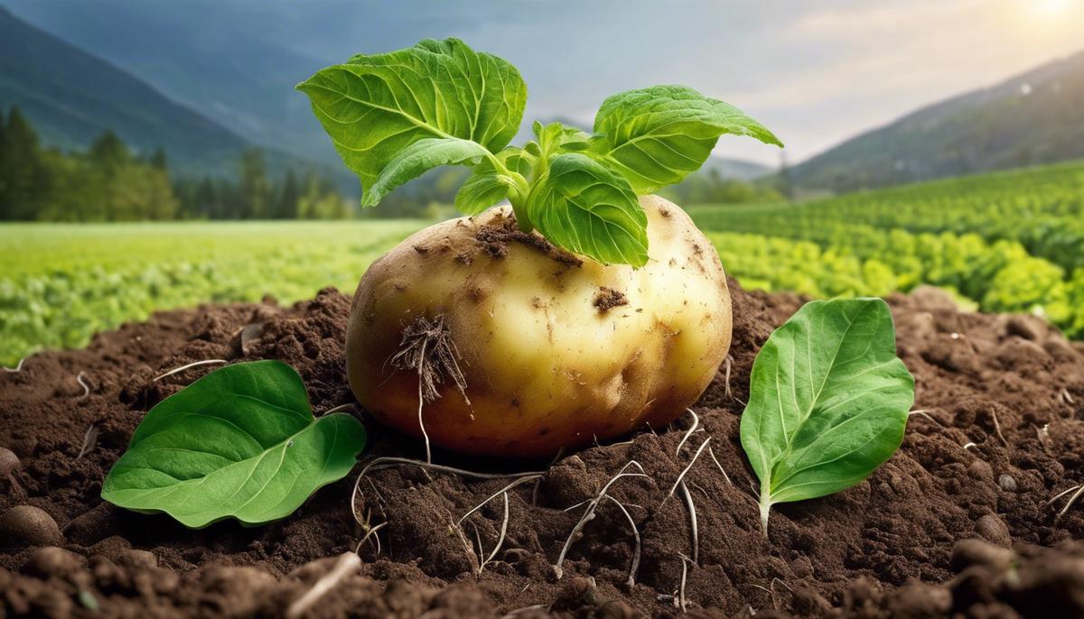 An image of a potato growing from the ground with roots and green leaves.