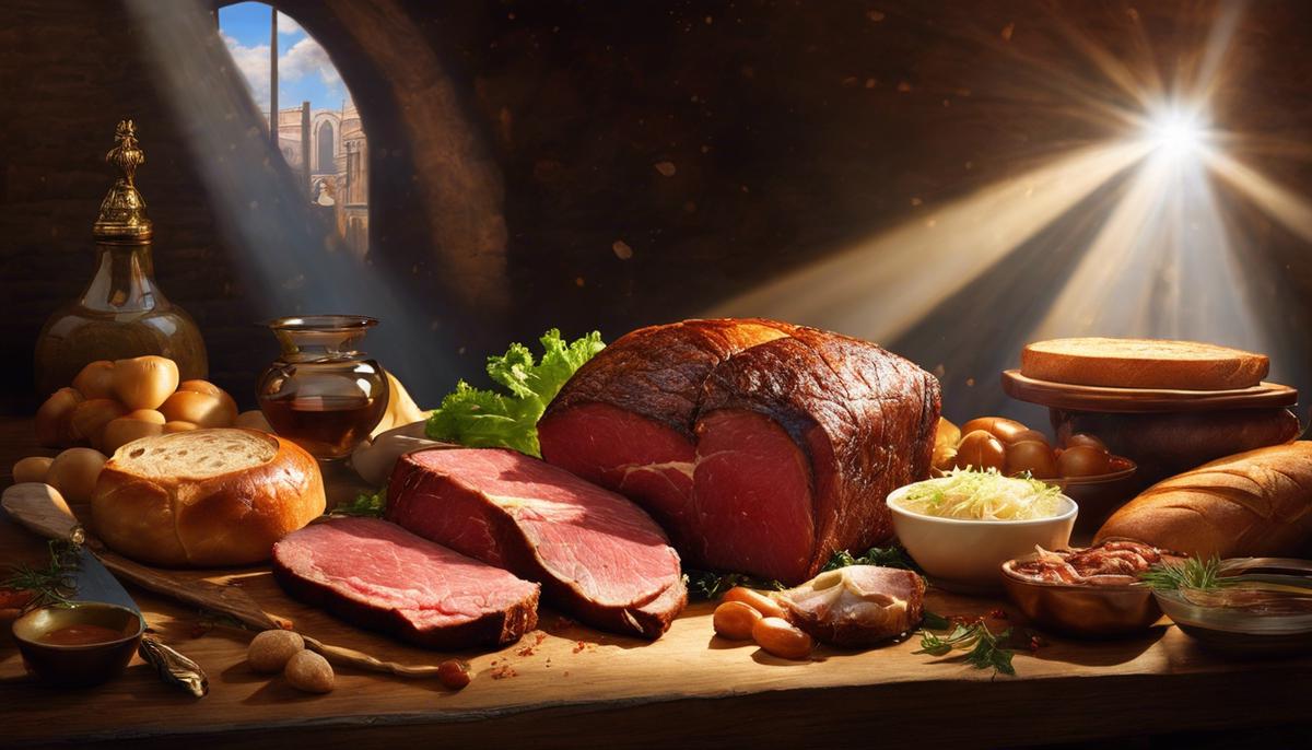 A depiction of meat and bread surrounded by divine light