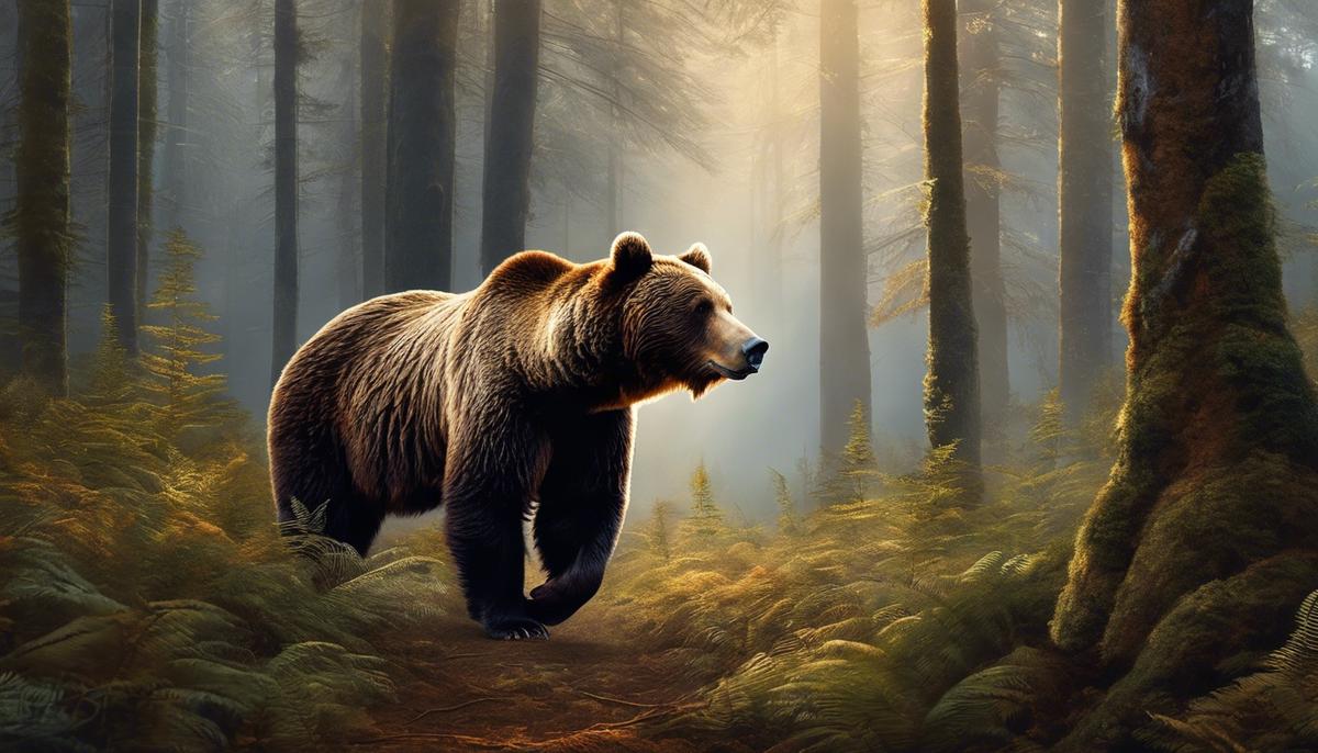 A brown bear walking through a dense forest, symbolizing the depth and power of the unconscious mind.