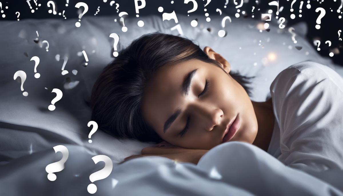 Image showing a person sleeping and surrounded by floating question marks, representing the mysterious nature of dream interpretation