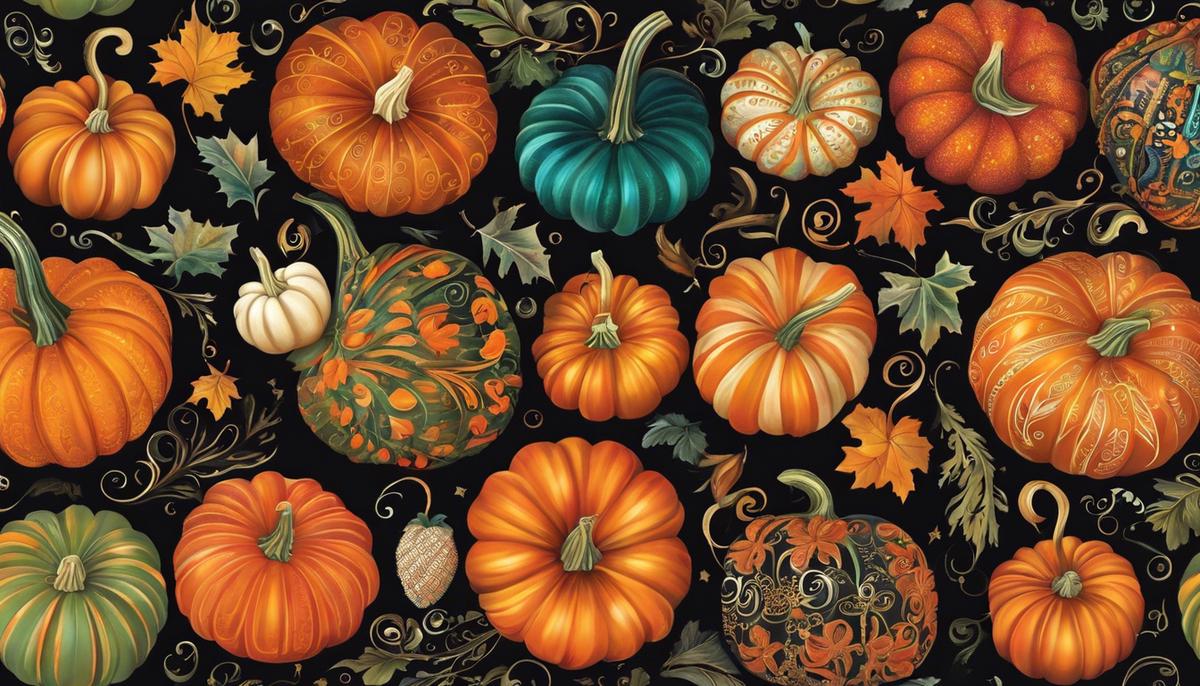 A visual representation of the text's description of pumpkins as canvases awaiting expression. The image shows a beautifully painted pumpkin with vibrant colors and intricate patterns.