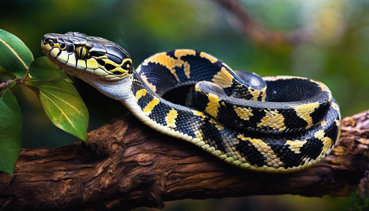 An image of a python coiled on a branch, representing the presence and significance of pythons in dreams.