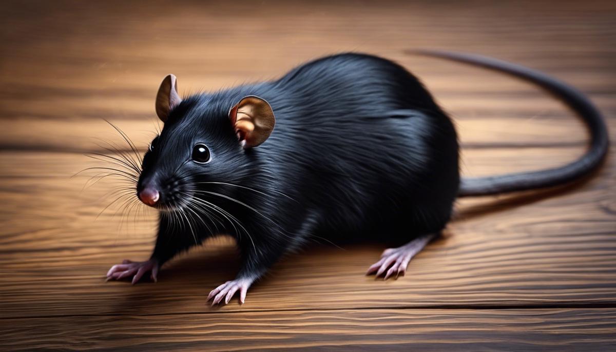 A black rat scurrying on a wooden floor, symbolizing the mysterious messages of dreams.