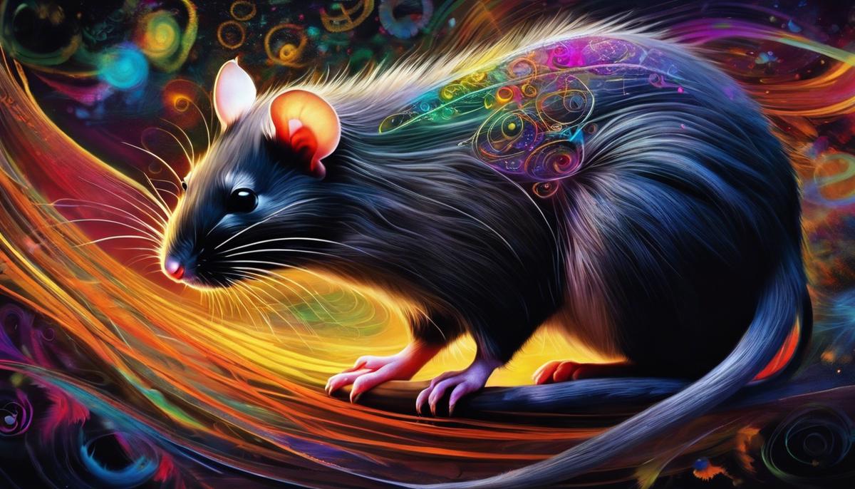 A dreamy image of a rat in a nocturnal setting, surrounded by swirling colors and enigmatic symbols.