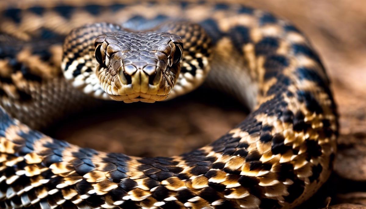A close-up of a rattlesnake, showing its patterned scales and coiled form