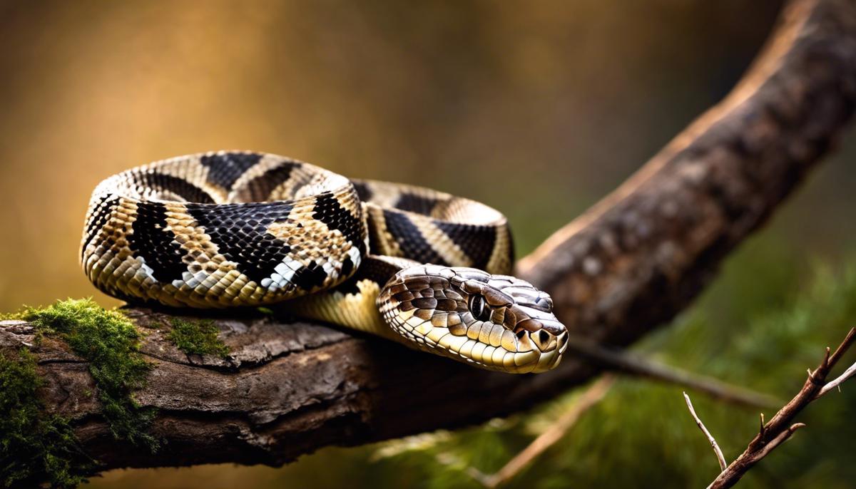 Image description: A rattlesnake coiled on a branch, symbolizing the interpretation of dreams involving rattlesnakes in biblical context.