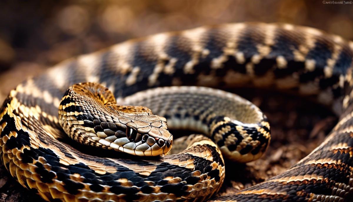 An image of a rattlesnake with its scales shining, representing resilience and self-sovereignty in dreams.
