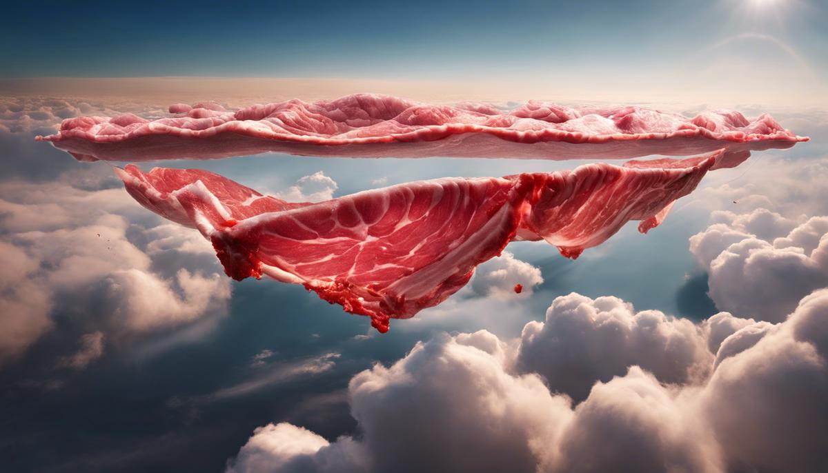 A surreal image of raw meat floating in the sky, symbolizing the possibilities and potential hinted at in the text.