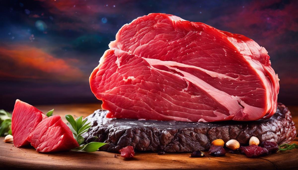 A vivid, abstract image depicting raw meat, symbolizing the unconscious aspects of dreams and their potential impact on personal growth and fulfillment
