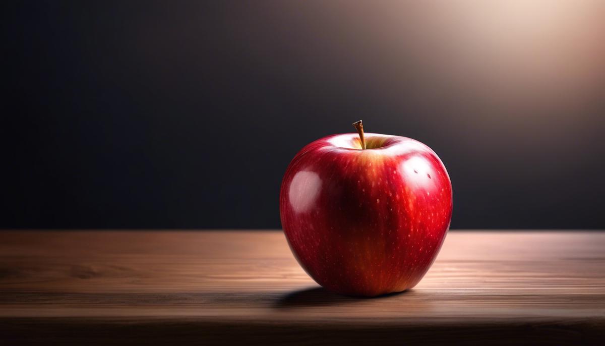 A red apple resting on a wooden table, symbolizing temptation, desire, and knowledge