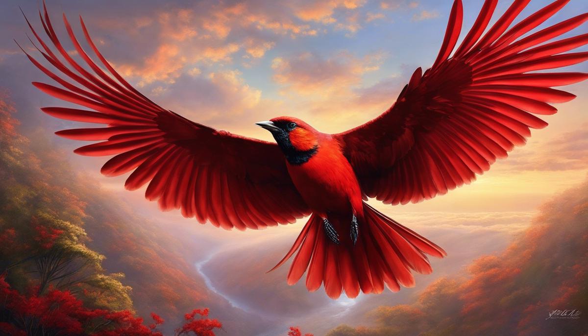 A red bird soaring in the sky, representing emotional depth and ethereal transcendence.