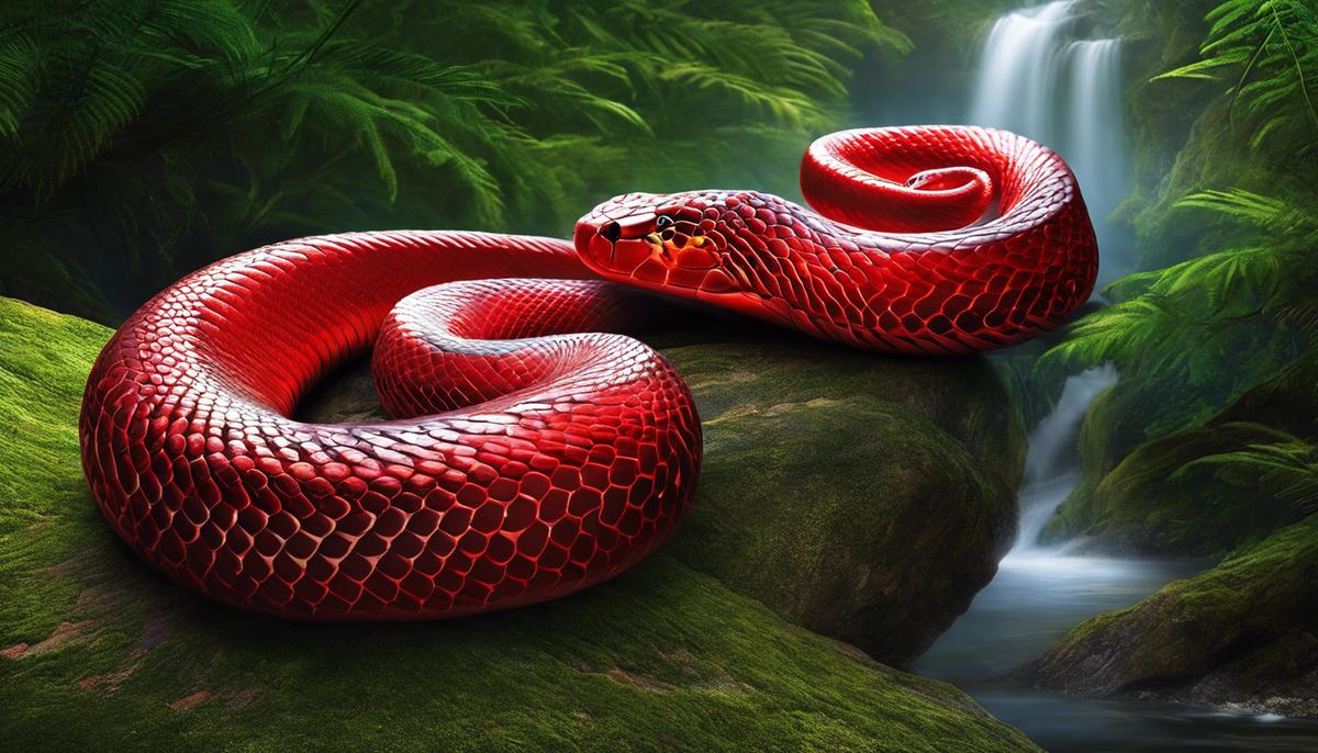 A vivid red snake curled up in a dream-like setting, representing the symbolism of dreams and the divine messages they entail.