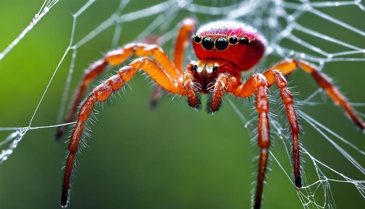 A close-up image of a red spider hanging on a web, symbolic of dreams and personal interpretation.