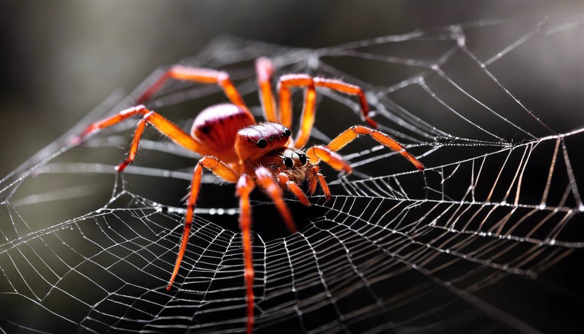 A close-up image of a red spider hanging on a web.