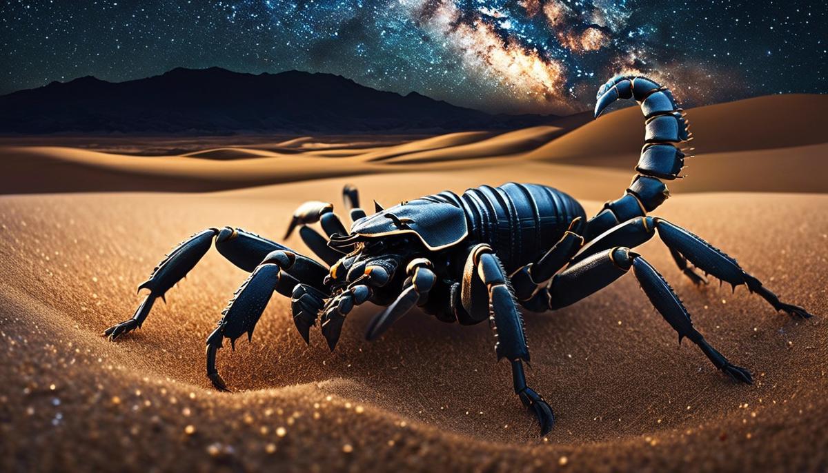An image depicting a scorpion crawling on sand with a starry desert night sky backdrop