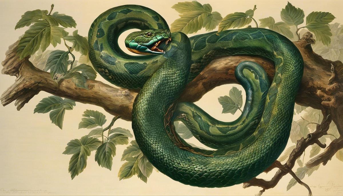 An image depicting a serpent coiled around a tree branch, representing the biblical symbolism of snakes as both agents of temptation and bearers of divine wisdom.