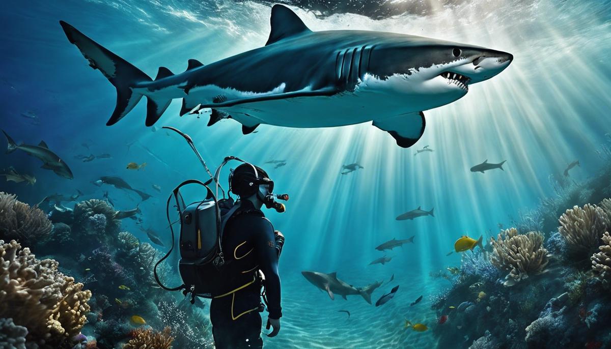An image depicting a person submerged underwater with a shark swimming towards them, illustrating the theme of shark attack dreams and the transformative lessons they hold.