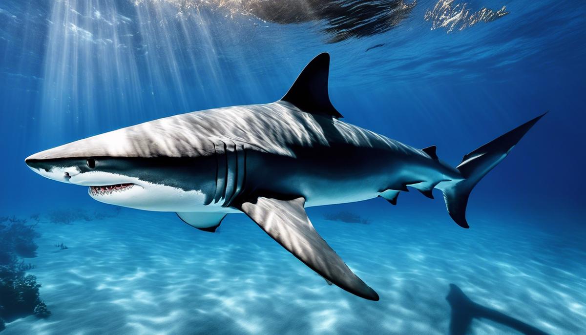 Image description: A majestic shark swimming through deep blue ocean waters