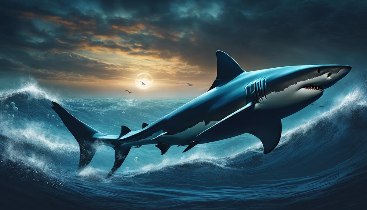 Illustration of a shark swimming in a dark and mysterious dream-like oceanic background