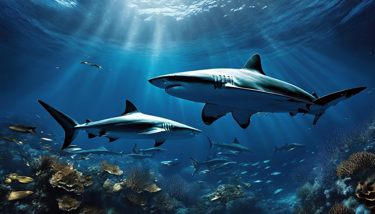 An image of sharks swimming in a dark blue ocean, representing the mystery and power of shark dreams.