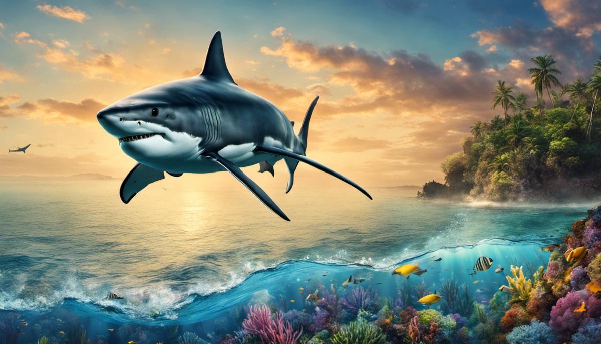 An image depicting a dreamy landscape with a shark swimming gracefully in the forefront.
