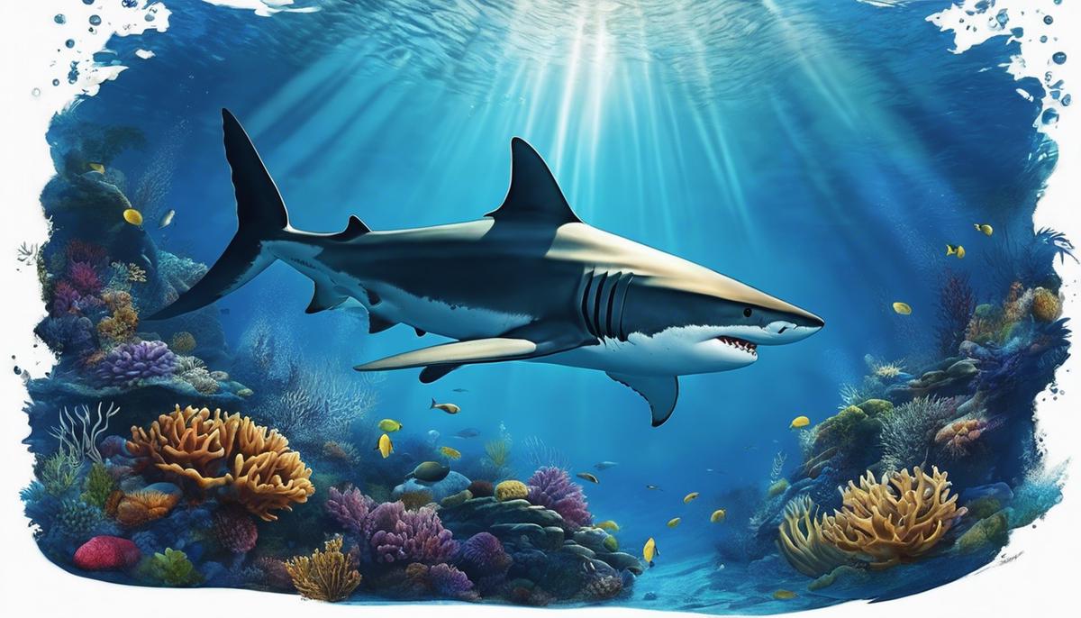 Illustration of a swimming shark in the deep blue sea