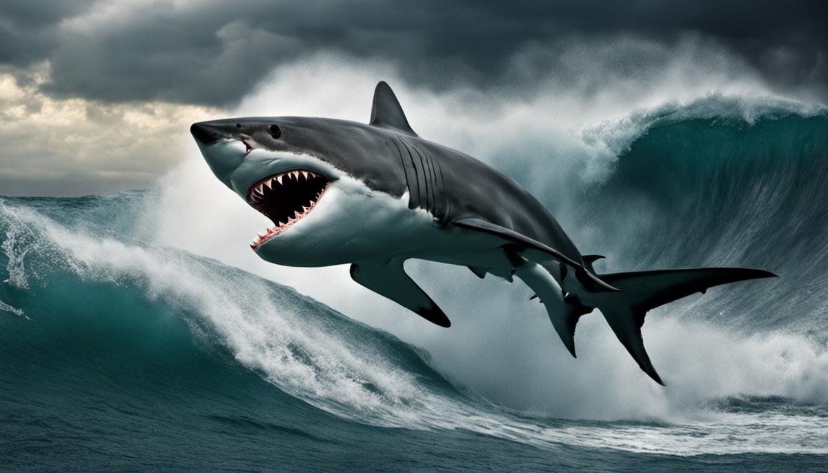 A stormy sea with a menacing shark in the foreground, representing the symbolic relevance of sharks in biblical dream analysis.