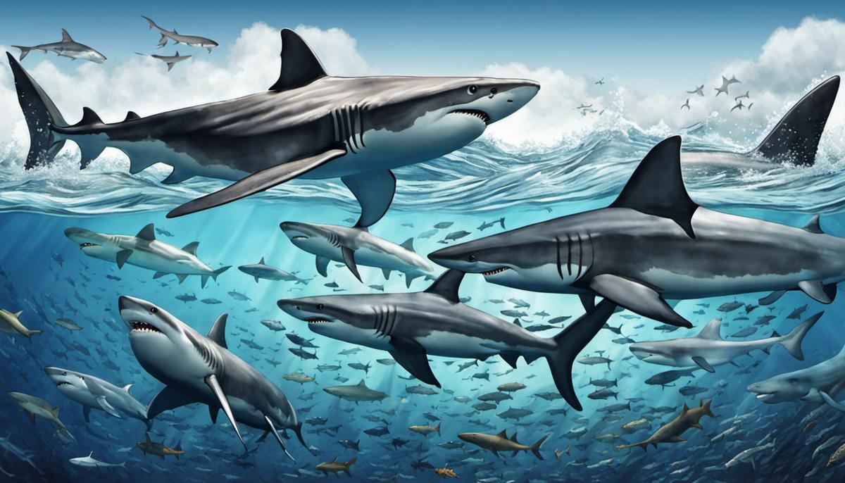 Illustration of various sharks swimming in the ocean