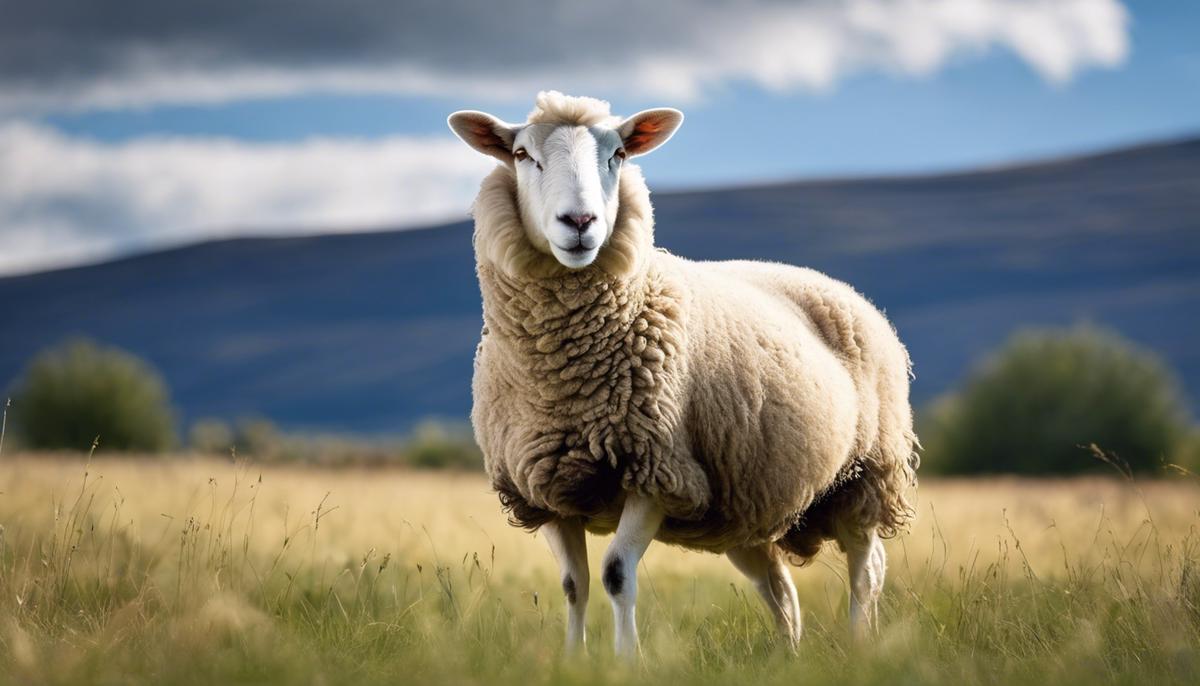 An image depicting a sheep standing in an open field with a serene blue sky in the background