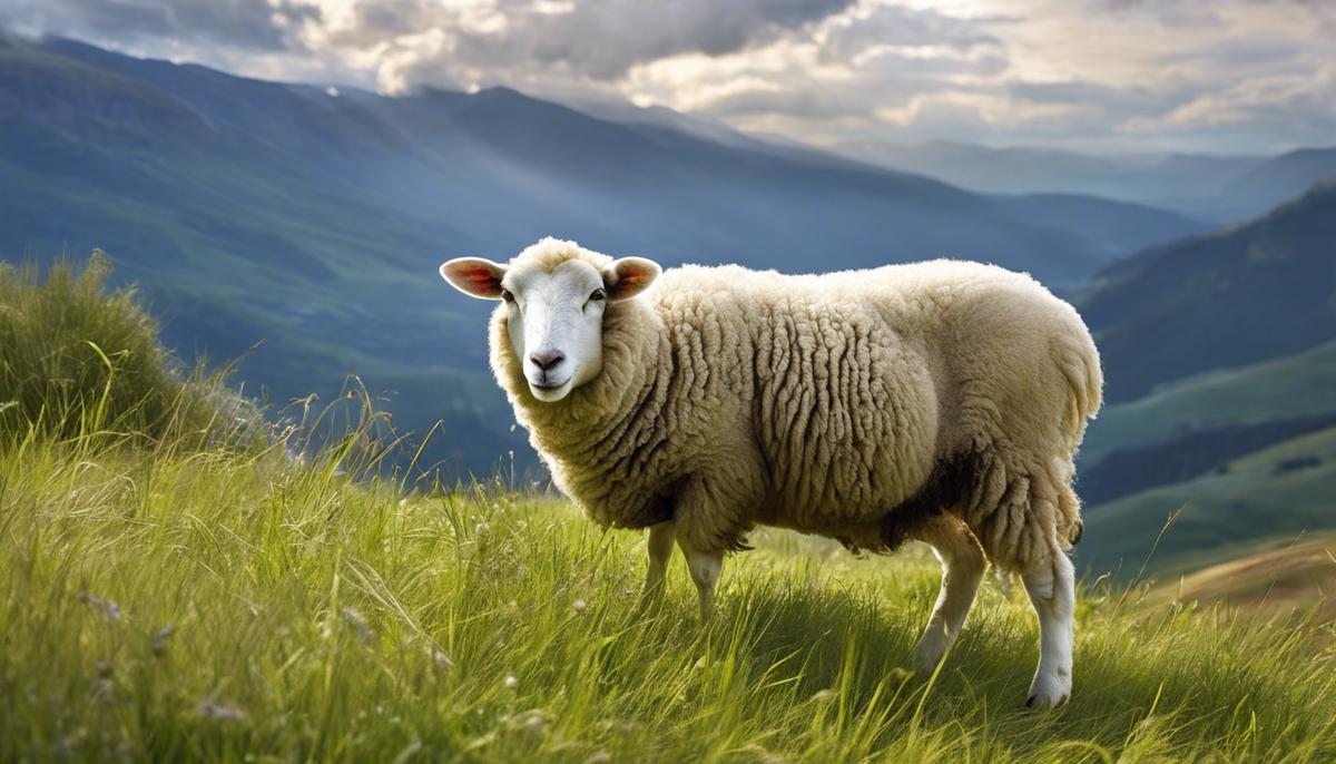 An image of a sheep grazing in a meadow, symbolizing innocence, purity, and humility.
