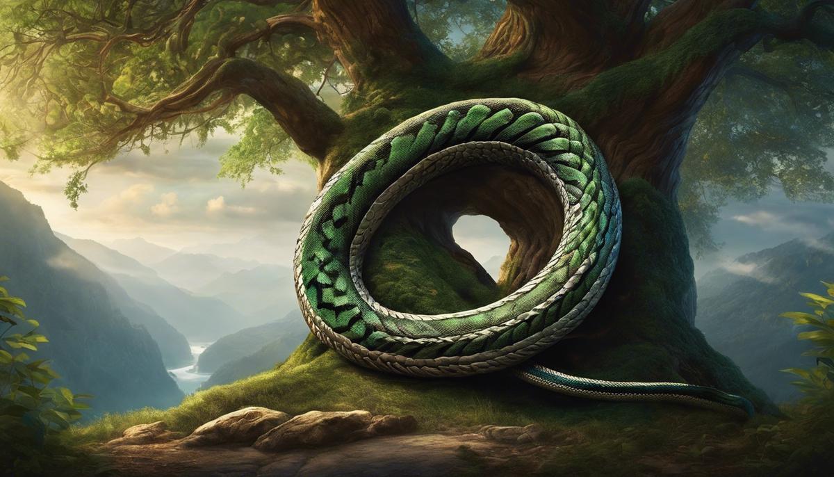 an image of a serpent coiled around a tree, symbolizing the hidden meanings and wisdom of dreams