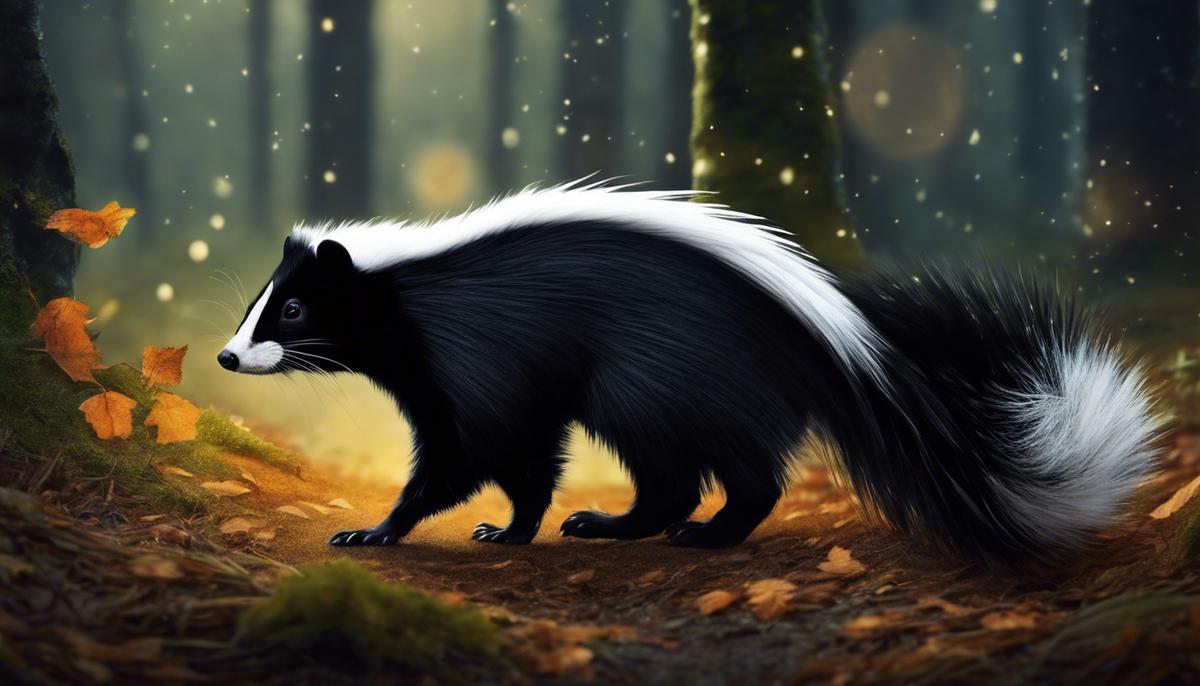 A skunk walking in a forest under a moonlit night